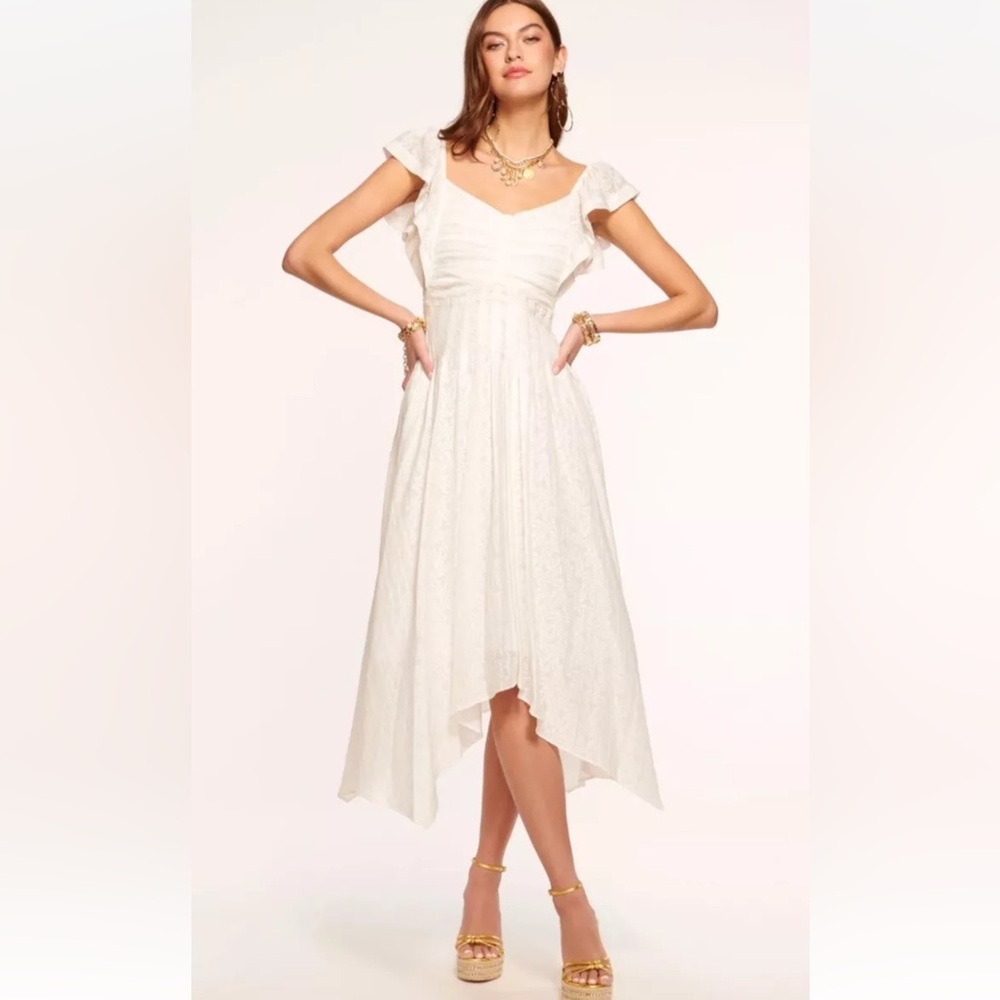 Ramy Brook Bria Pleated Smocked White Burnout Midi Dress Sz 00